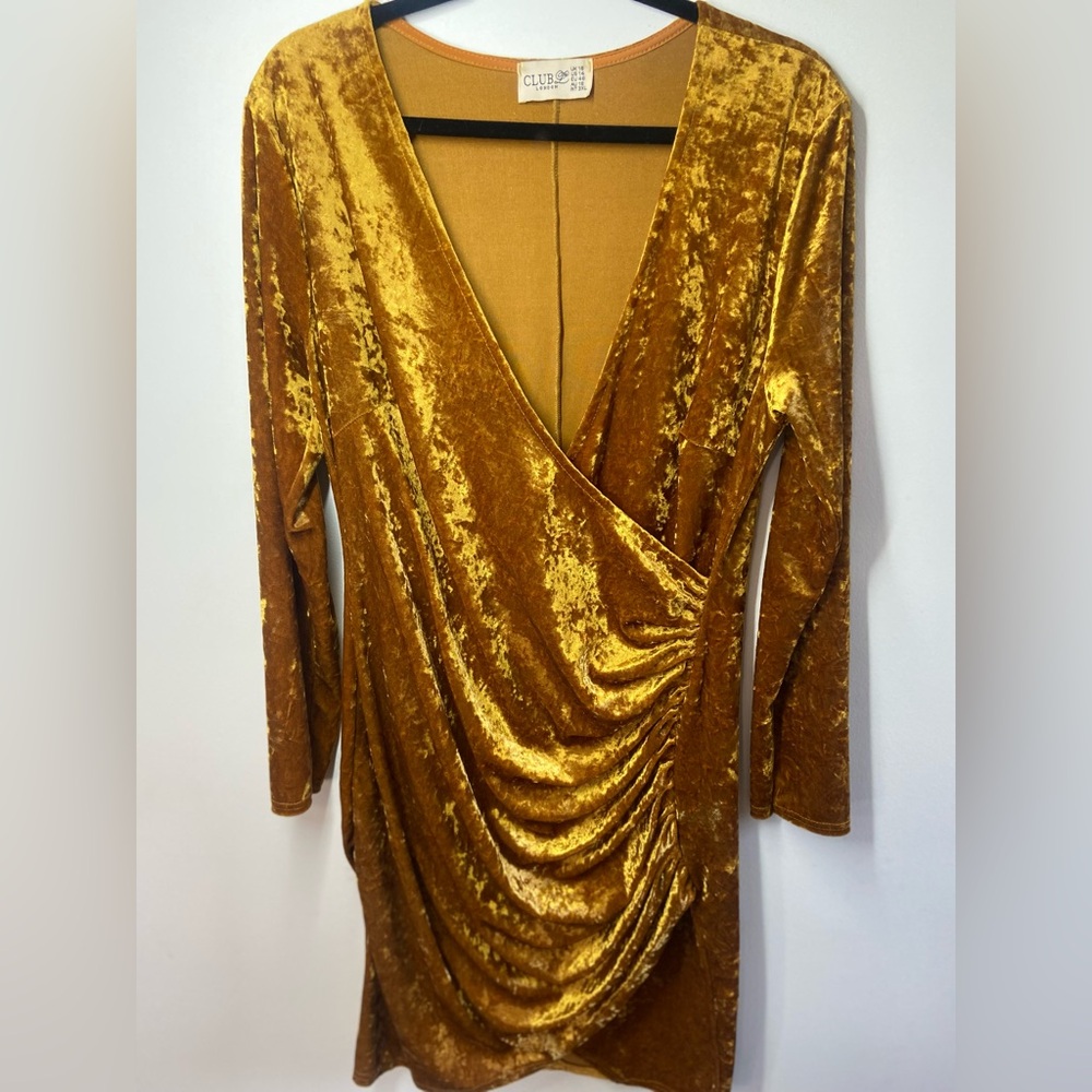Club L London Mustard Velvet V-Neck Dress